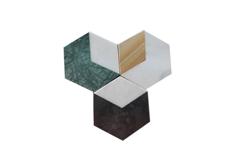  Made in China Hexagon Marble and Acacia Wood Coaster Set